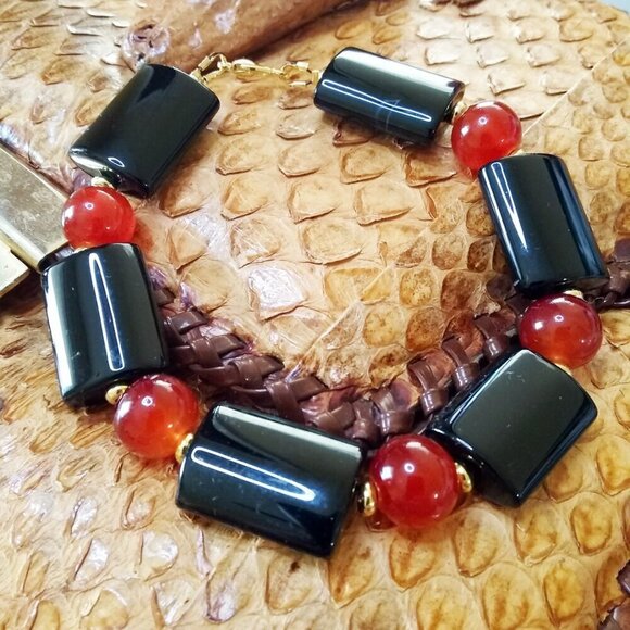 Black Red & Gold! Chunky Black Agate Bracelet 8" ~ Balance Grounding Strength - Picture 1 of 7